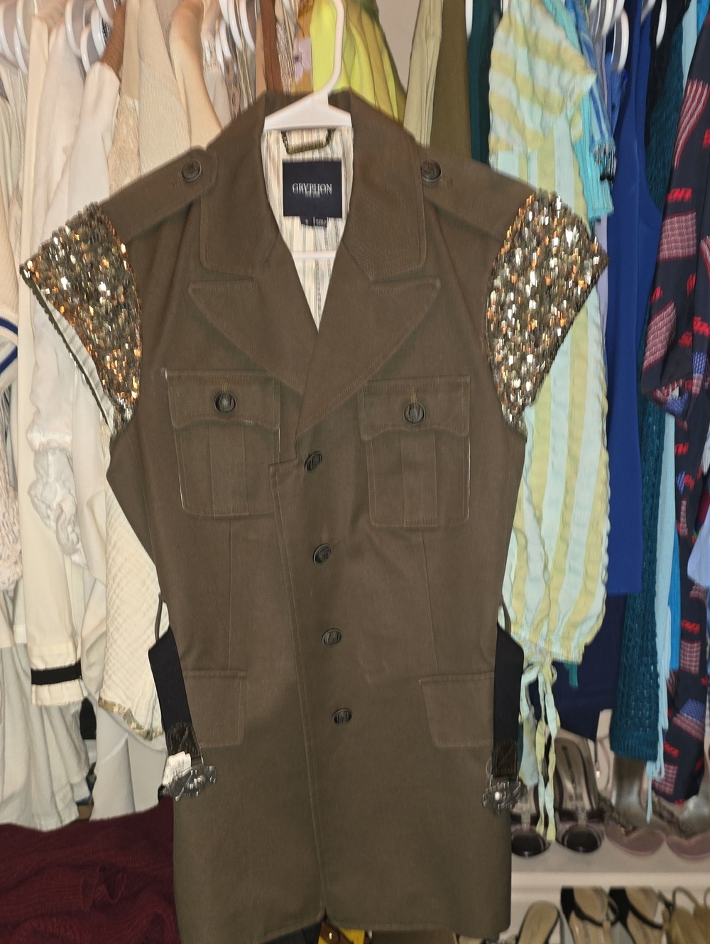 Gryphon Olive Military Coat with Gold Sequin Sleeves